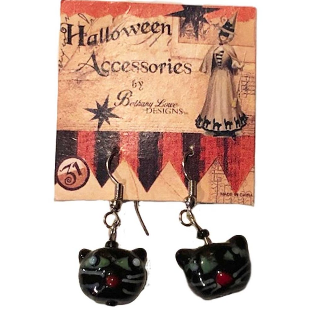 Bethany Lowe Venetian Glass Beads Earrings Black Cat
